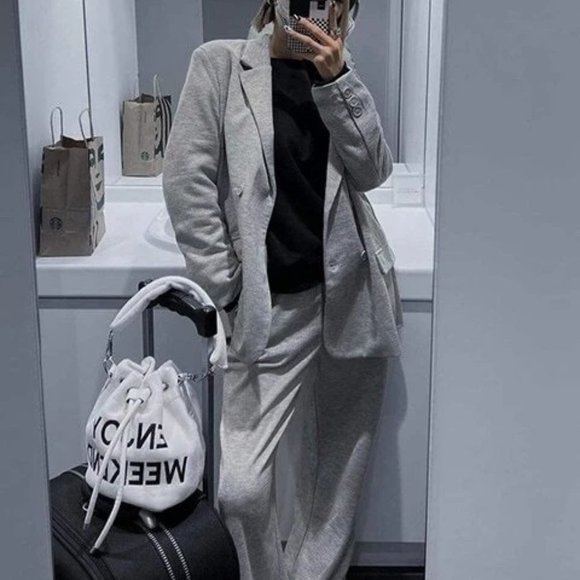 . Jackets & Blazers - Grey Preppy Womens Lapel Collar Double Breasted Blazer With Pants